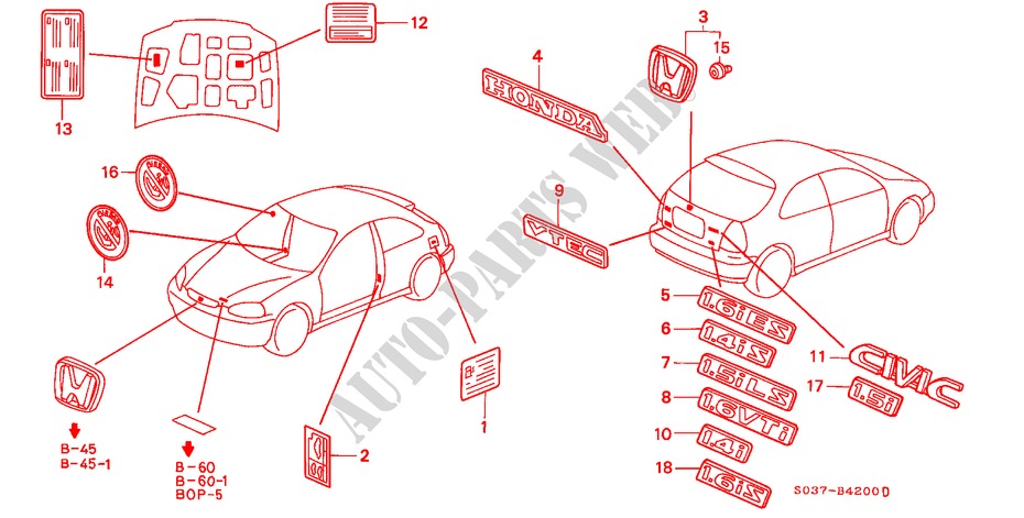 EMBLEMS for Honda CIVIC 1.5ILS 3 Doors 5 speed manual 1996