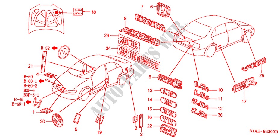 EMBLEMS for Honda ACCORD 1.6ILS 4 Doors 5 speed manual 2000