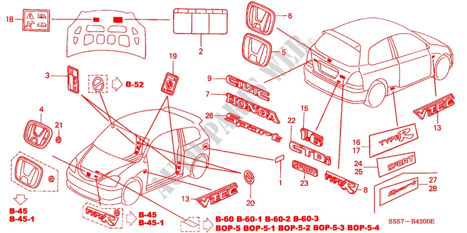 EMBLEMS/CAUTION LABELS for Honda CIVIC 1.4B 3 Doors 5 speed manual 2002