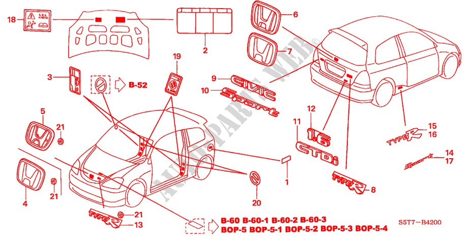 EMBLEMS/CAUTION LABELS for Honda CIVIC TYPE R     PREMIUM 3 Doors 6 speed manual 2005