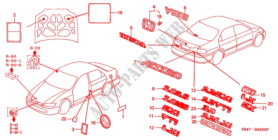 EMBLEMS/CAUTION LABELS for Honda ACCORD EX 4 Doors 5 speed manual 2000