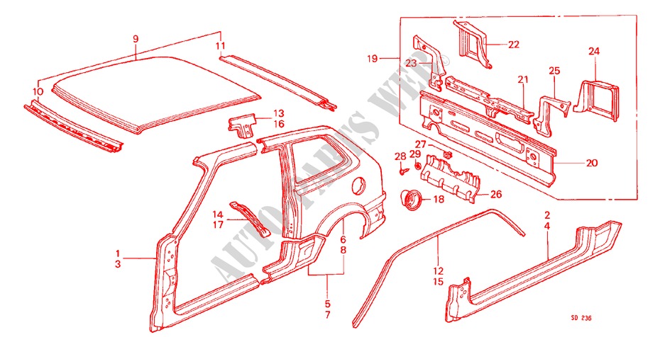BODY STRUCTURE COMPONENTS (3D) for Honda CIVIC S 3 Doors 5 speed manual 1983