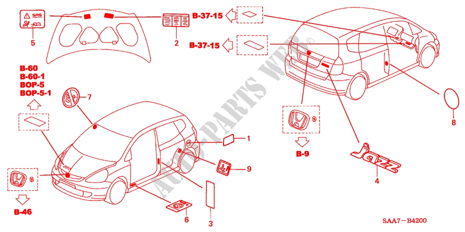 EMBLEMS/CAUTION LABELS for Honda JAZZ 1.2ES 5 Doors 5 speed manual 2002