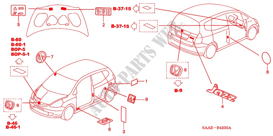 EMBLEMS/CAUTION LABELS for Honda JAZZ 1.3 LS 5 Doors 5 speed manual 2005