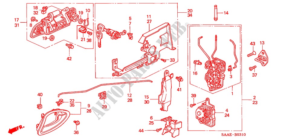 FRONT DOOR LOCKS/ OUTER HANDLE (1) for Honda JAZZ 1.2 LS 5 Doors 5 speed manual 2004