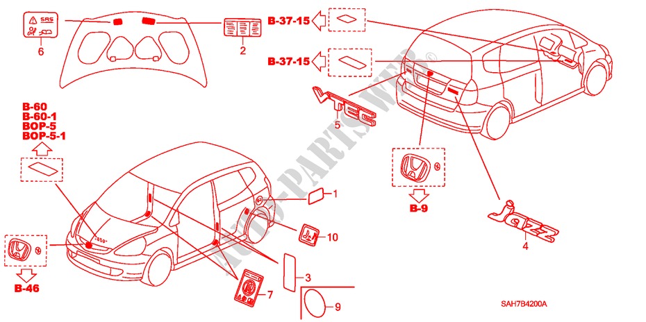 EMBLEMS/CAUTION LABELS for Honda JAZZ 1.4 ES 5 Doors 5 speed manual 2006
