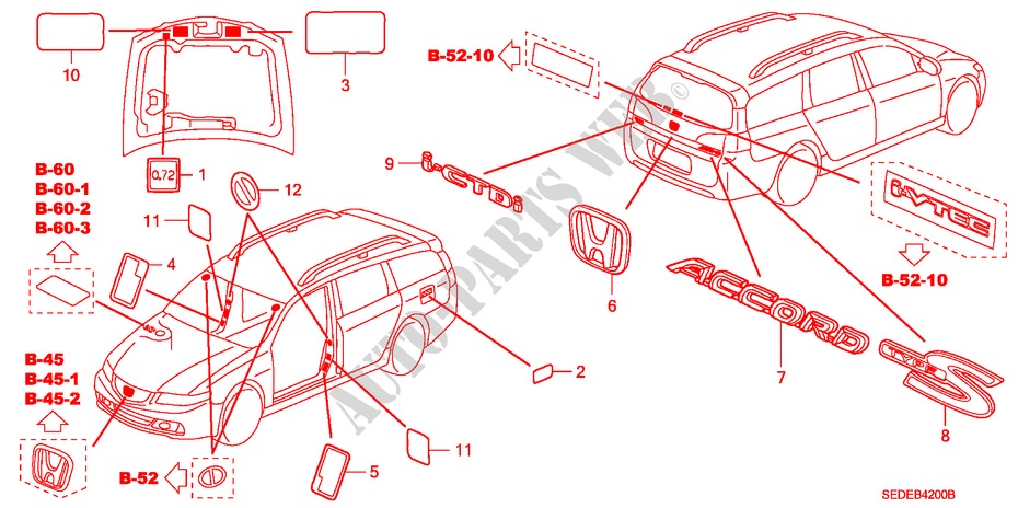 EMBLEMS/CAUTION LABELS for Honda ACCORD TOURER 2.0 COMFORT 5 Doors 5 speed manual 2007