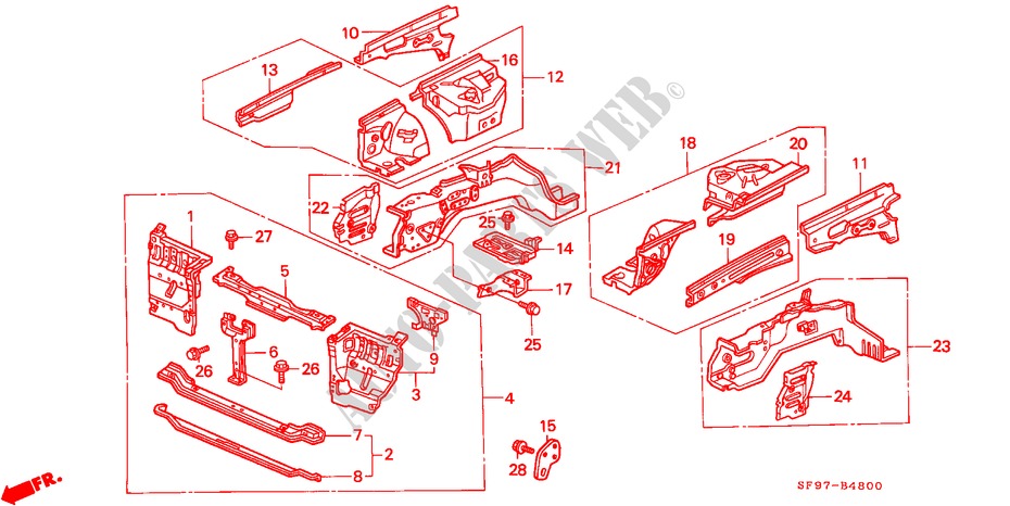 BODY STRUCTURE COMPONENTS (1) for Honda PRELUDE 2.0I-16 4WS 2 Doors 4 speed automatic 1991