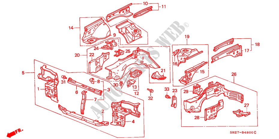 BODY STRUCTURE COMPONENTS (FRONT BULKHEAD) for Honda CIVIC CRX 1.6I-16 3 Doors 5 speed manual 1990