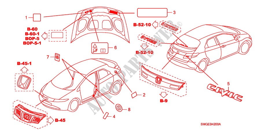 EMBLEMS/CAUTION LABELS for Honda CIVIC 1.4 SPORT 5 Doors 6 speed manual 2009