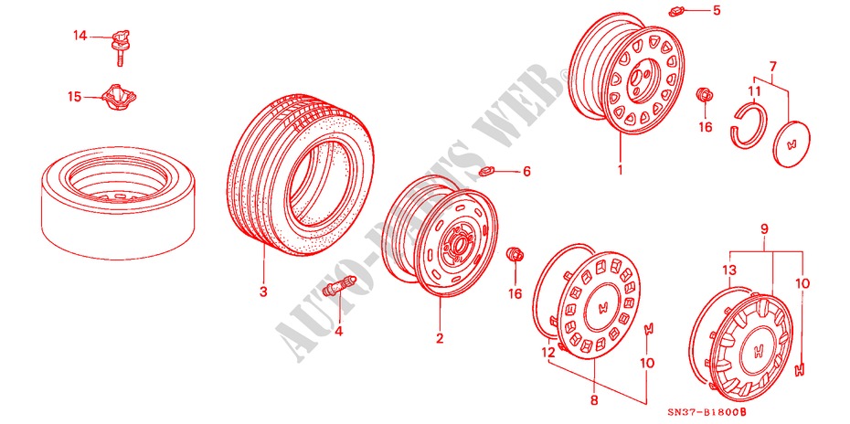 TIRE/WHEEL DISK for Honda CONCERTO 1.6I 4 Doors 4 speed automatic 1993