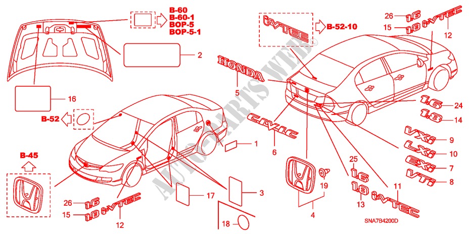 EMBLEMS/CAUTION LABELS for Honda CIVIC 1.6 S   AUDIO LESS 4 Doors 5 speed automatic 2006