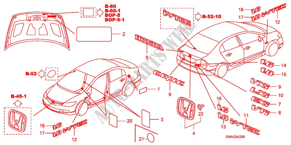 EMBLEMS/CAUTION LABELS for Honda CIVIC 1.6 VXI 4 Doors 5 speed automatic 2010
