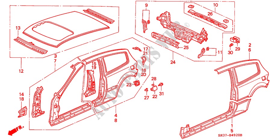 BODY STRUCTURE COMPONENTS (OUTER PANEL) for Honda CIVIC EX         AUSTRIA 3 Doors 5 speed manual 1995