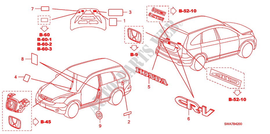 EMBLEMS/CAUTION LABELS for Honda CR-V DIESEL 2.2 S&L PACKAGE 5 Doors 6 speed manual 2007