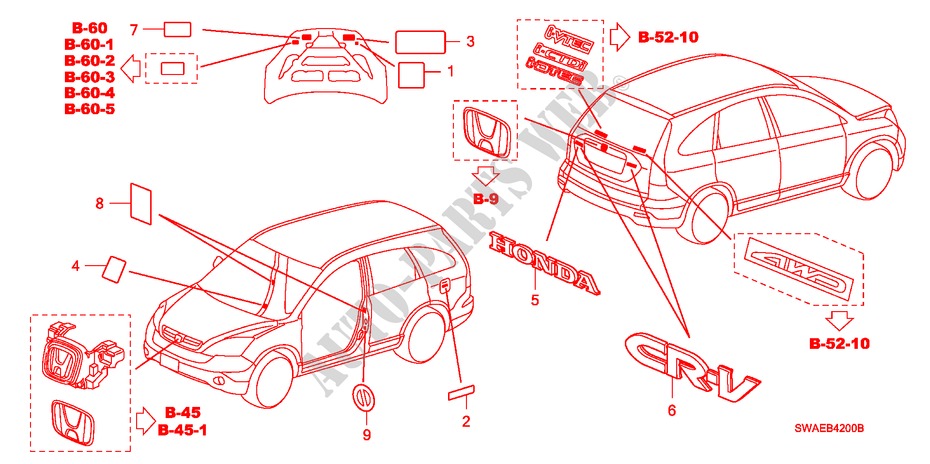 EMBLEMS/CAUTION LABELS for Honda CR-V S&L PACK 5 Doors 6 speed manual 2009