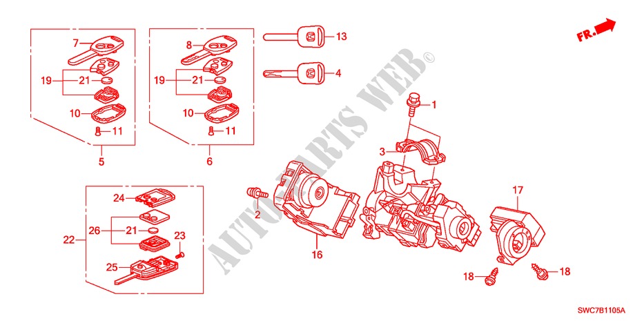 KEY CYLINDER COMPONENTS for Honda CR-V EXECUTIVE 5 Doors 6 speed manual 2011