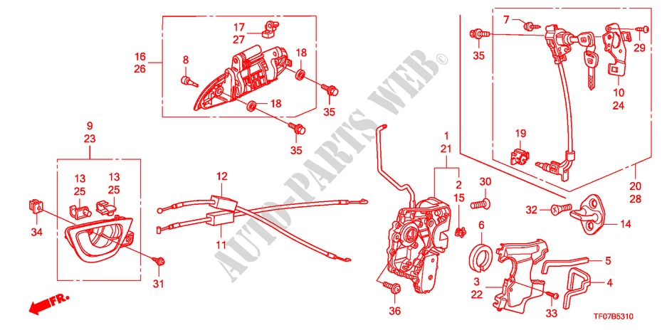 FRONT DOOR LOCK/ OUTER HANDLE (1) for Honda JAZZ 1.4 ES   TEMP TIRE 5 Doors Intelligent Manual Transmission 2009