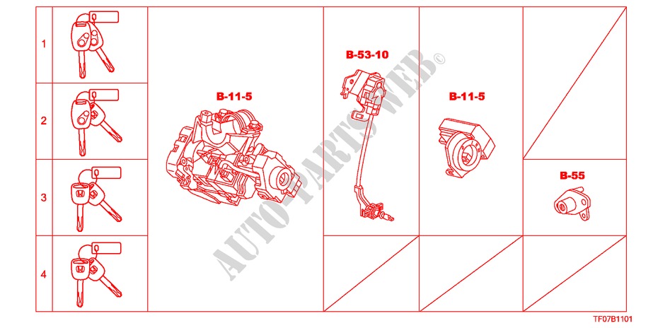KEY CYLINDER SET (LH) for Honda JAZZ 1.4 ELEG TEMP TIRE 5 Doors Intelligent Manual Transmission 2009