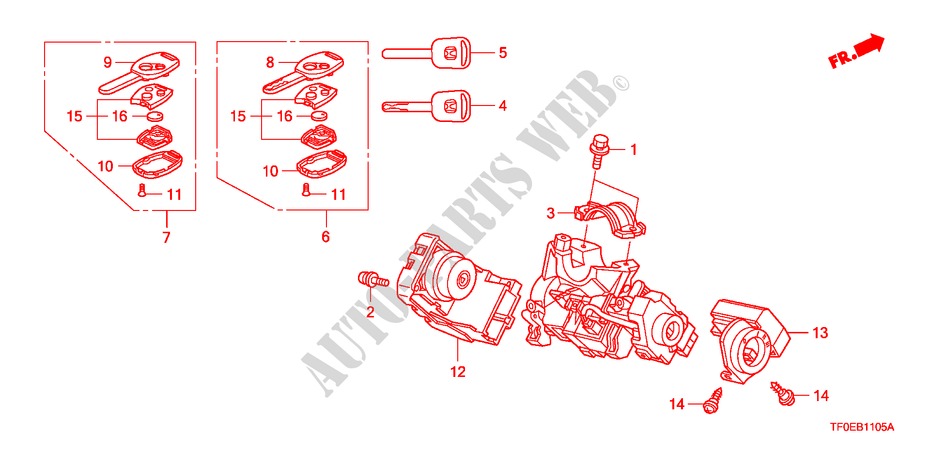 KEY CYLINDER COMPONENTS for Honda JAZZ 1.4 LSS 5 Doors 5 speed manual 2010
