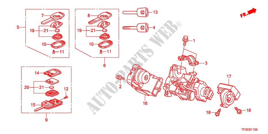 KEY CYLINDER COMPONENTS for Honda JAZZ 1.4ES 5 Doors 5 speed manual 2012