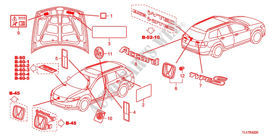 EMBLEMS/CAUTION LABELS for Honda ACCORD TOURER 2.0 ES-GT 5 Doors 5 speed automatic 2009