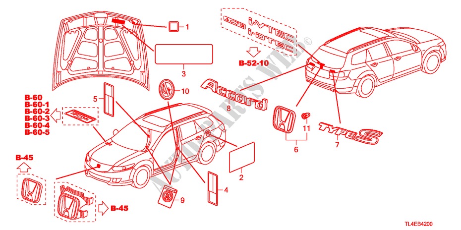 EMBLEMS/CAUTION LABELS for Honda ACCORD TOURER 2.0 ELEGANCE 5 Doors 5 speed automatic 2011