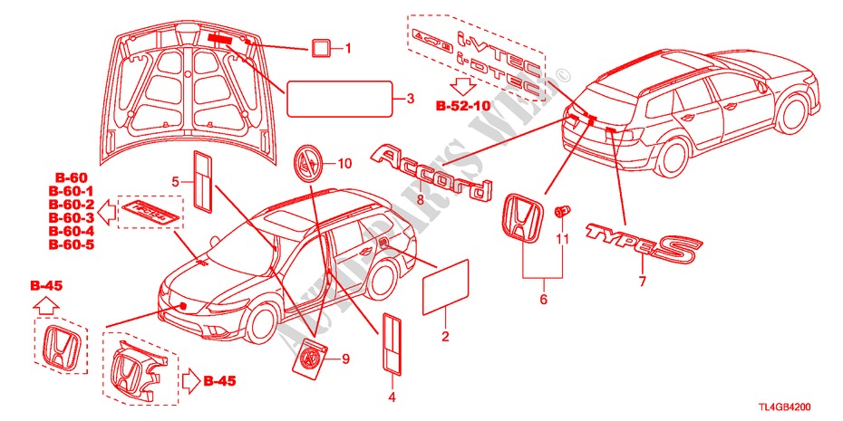 EMBLEMS/CAUTION LABELS for Honda ACCORD TOURER 2.0 EXECUTIVE 5 Doors 6 speed manual 2012