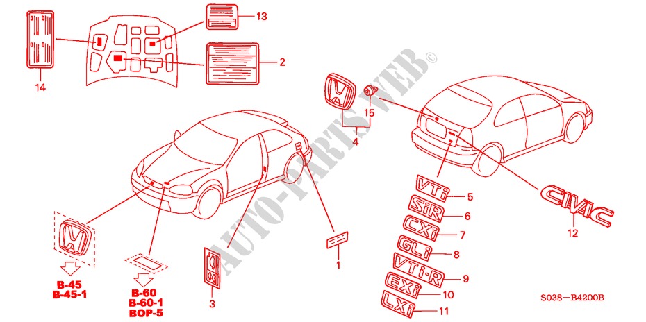 EMBLEMS for Honda CIVIC VTI 3 Doors 5 speed manual 1999