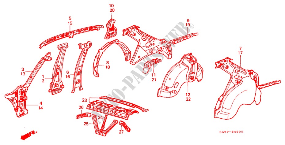 BODY STRUCTURE COMPONENTS (6)(4D) for Honda ACCORD EX 4 Doors 3 speed automatic 1982