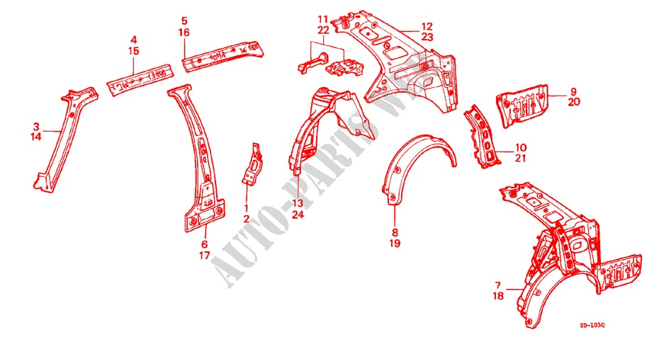 BODY STRUCTURE COMPONENTS (10)(SEDAN) for Honda CIVIC STD 1200 4 Doors 3 speed automatic 1982