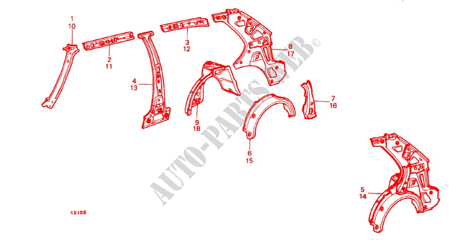 BODY STRUCTURE COMPONENTS (11)(5D) for Honda CIVIC STD 5 Doors 5 speed manual 1982