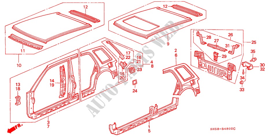 BODY STRUCTURE COMPONENTS (3) for Honda CIVIC SHUTTLE GL 5 Doors 4 speed automatic 1988