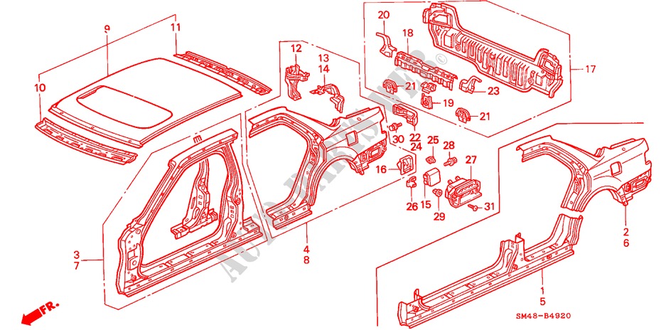 BODY STRUCTURE COMPONENTS (3) for Honda ACCORD LX 4 Doors 5 speed manual 1993