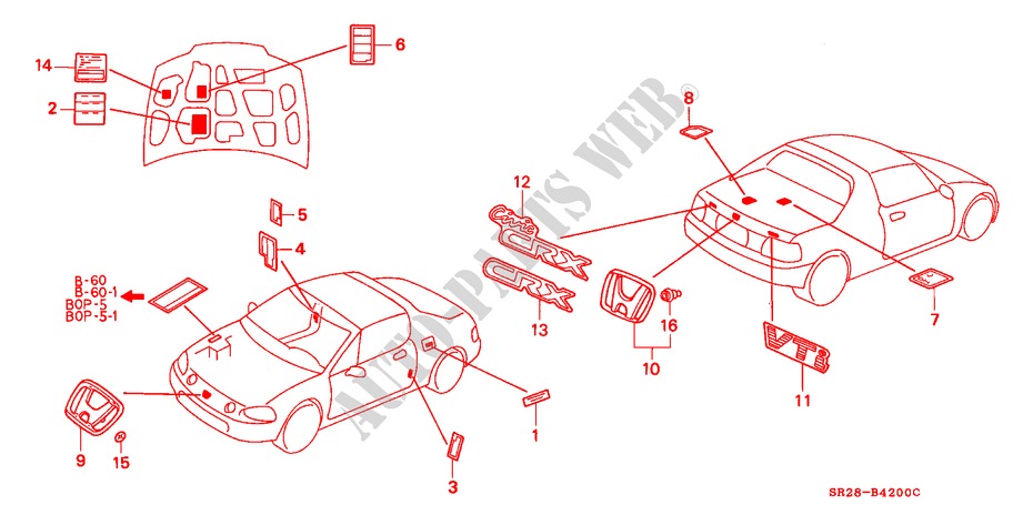 EMBLEMS for Honda CIVIC CRX SIR 2 Doors 5 speed manual 1994