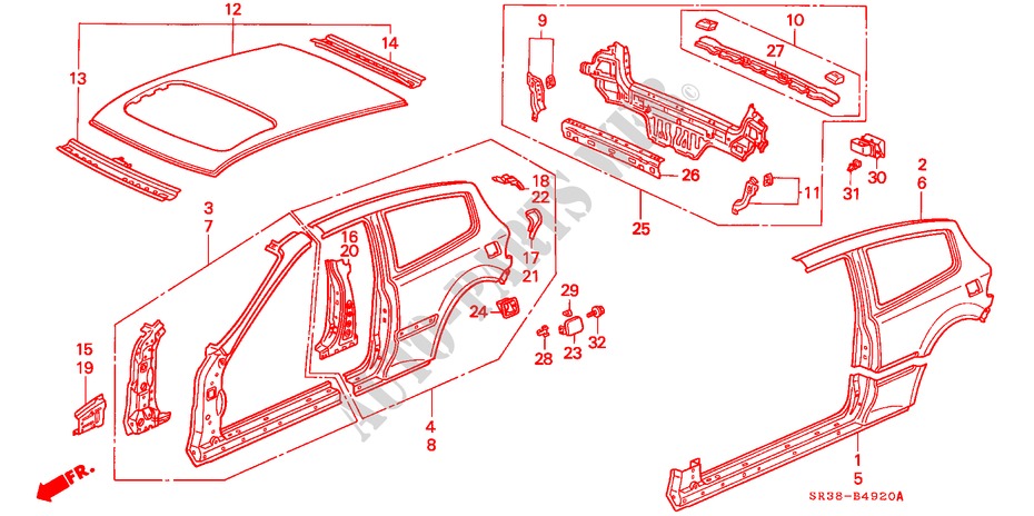 BODY STRUCTURE COMPONENTS (3) for Honda CIVIC 1.5EL 3 Doors 5 speed manual 1994