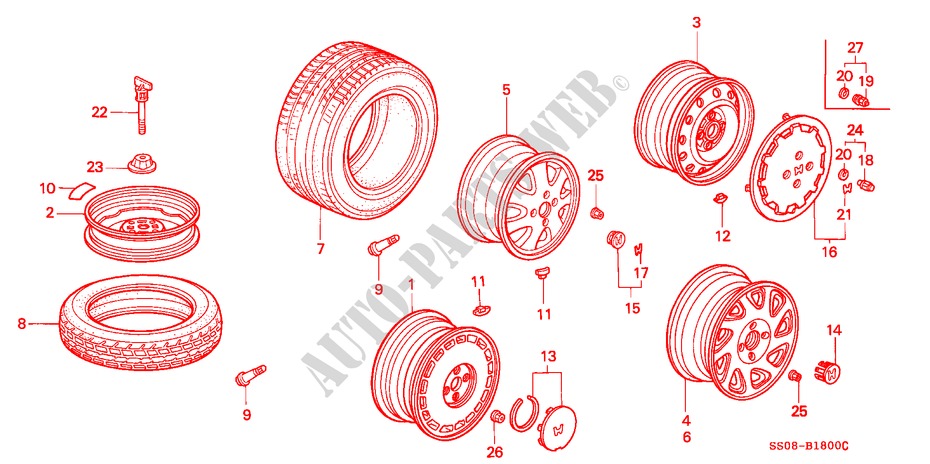 TIRE/WHEEL DISK for Honda PRELUDE SI 2 Doors 4 speed automatic 1993