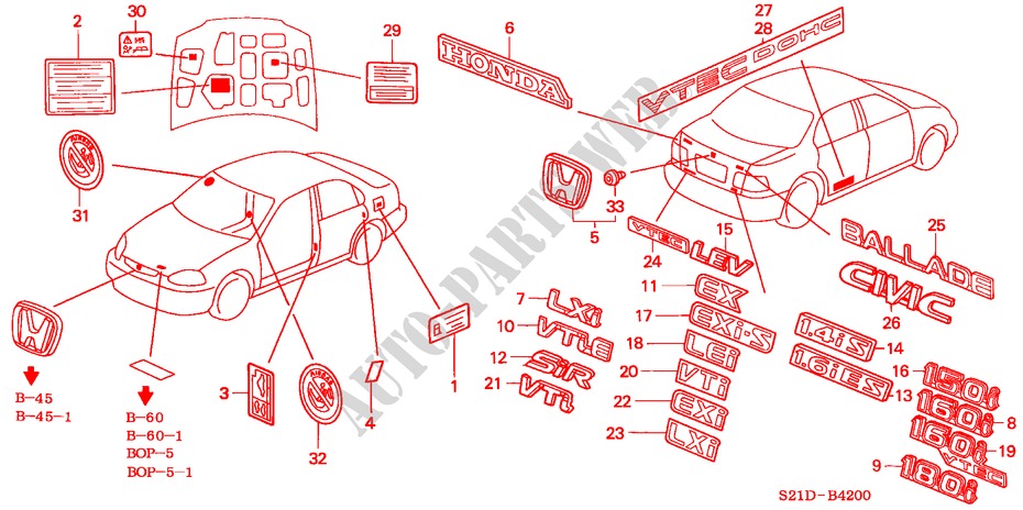 EMBLEMS for Honda BALLADE BASE 4 Doors 5 speed manual 2000