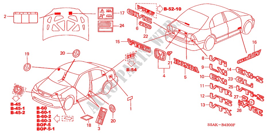 EMBLEMS/CAUTION LABELS for Honda CIVIC 1.6LS 4 Doors 5 speed manual 2003