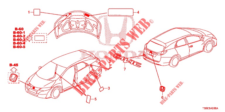 EMBLEMS/CAUTION LABELS  for Honda CIVIC TOURER 1.8 COMFORT 5 Doors 6 speed manual 2016